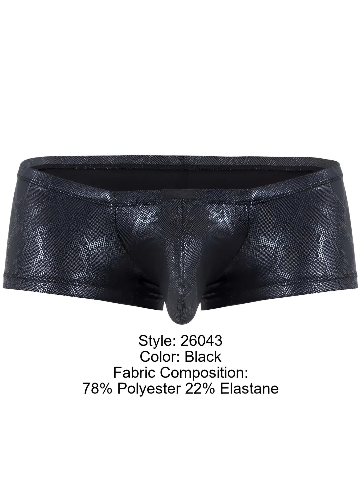 Clever 26043 atlas trunks black men’s briefs with shiny textured snakeskin pattern and elastic waistband