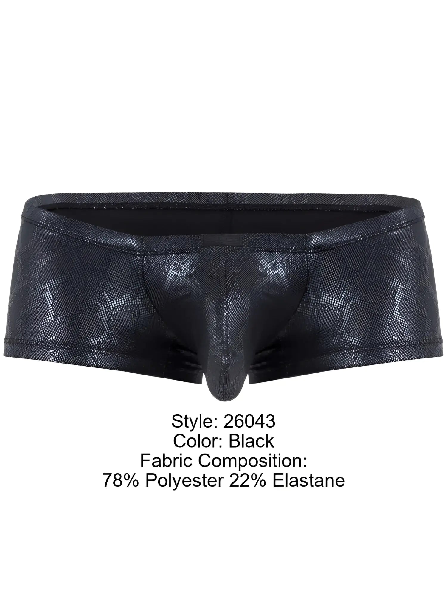 Clever 26043 atlas trunks black men’s briefs with shiny textured snakeskin pattern and elastic waistband