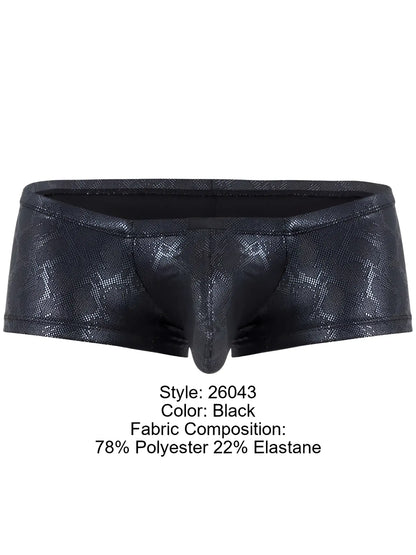 Clever 26043 atlas trunks black men’s briefs with shiny textured snakeskin pattern and elastic waistband