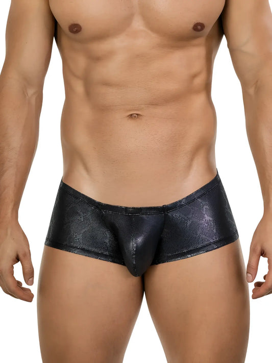 Clever 26043 atlas trunks sleek black metallic color shiny textured fabric briefs with modern design front view