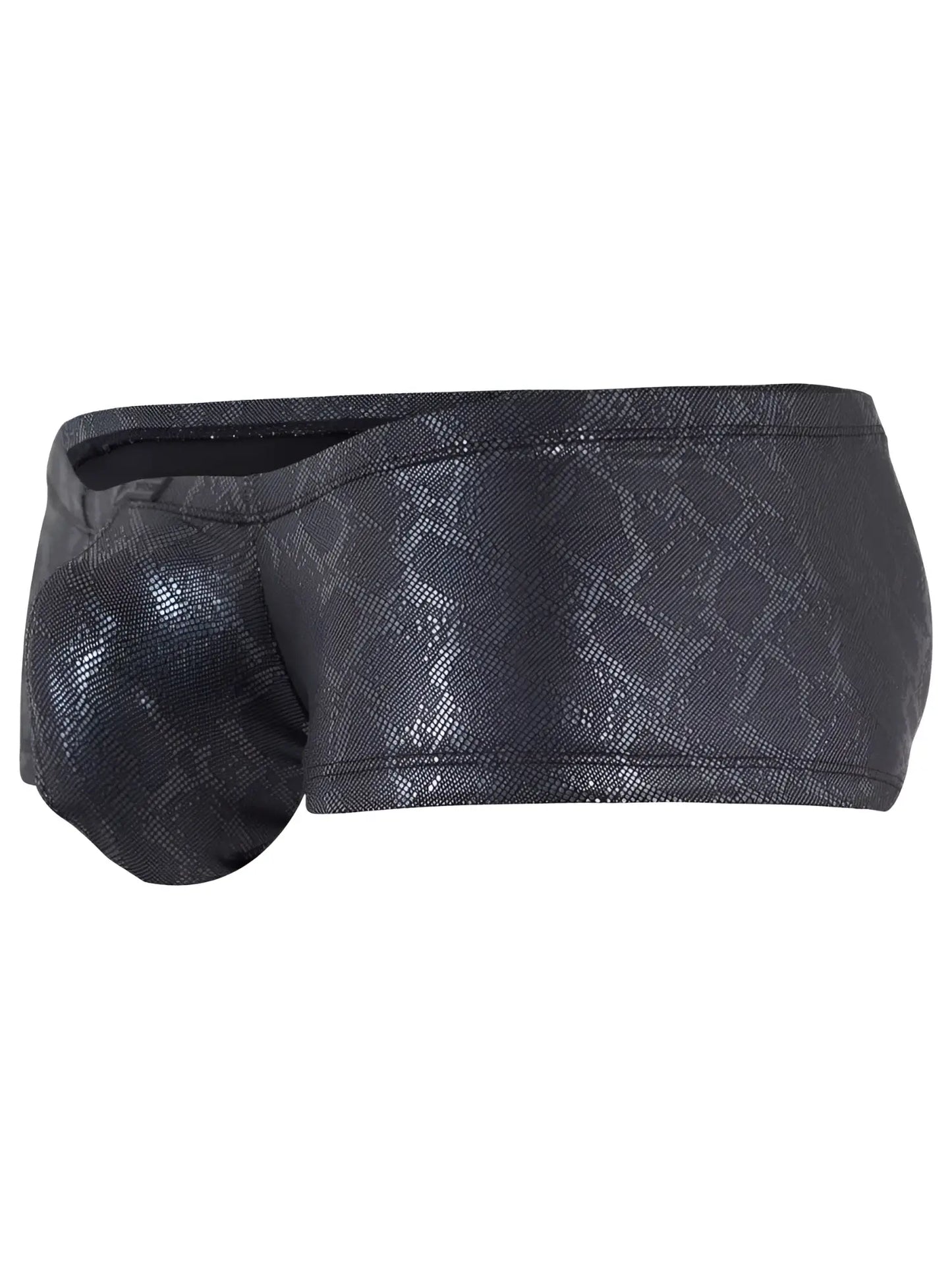 Black clever 26043 atlas snake print swim trunks with shiny textured fabric finish in sleek metallic color