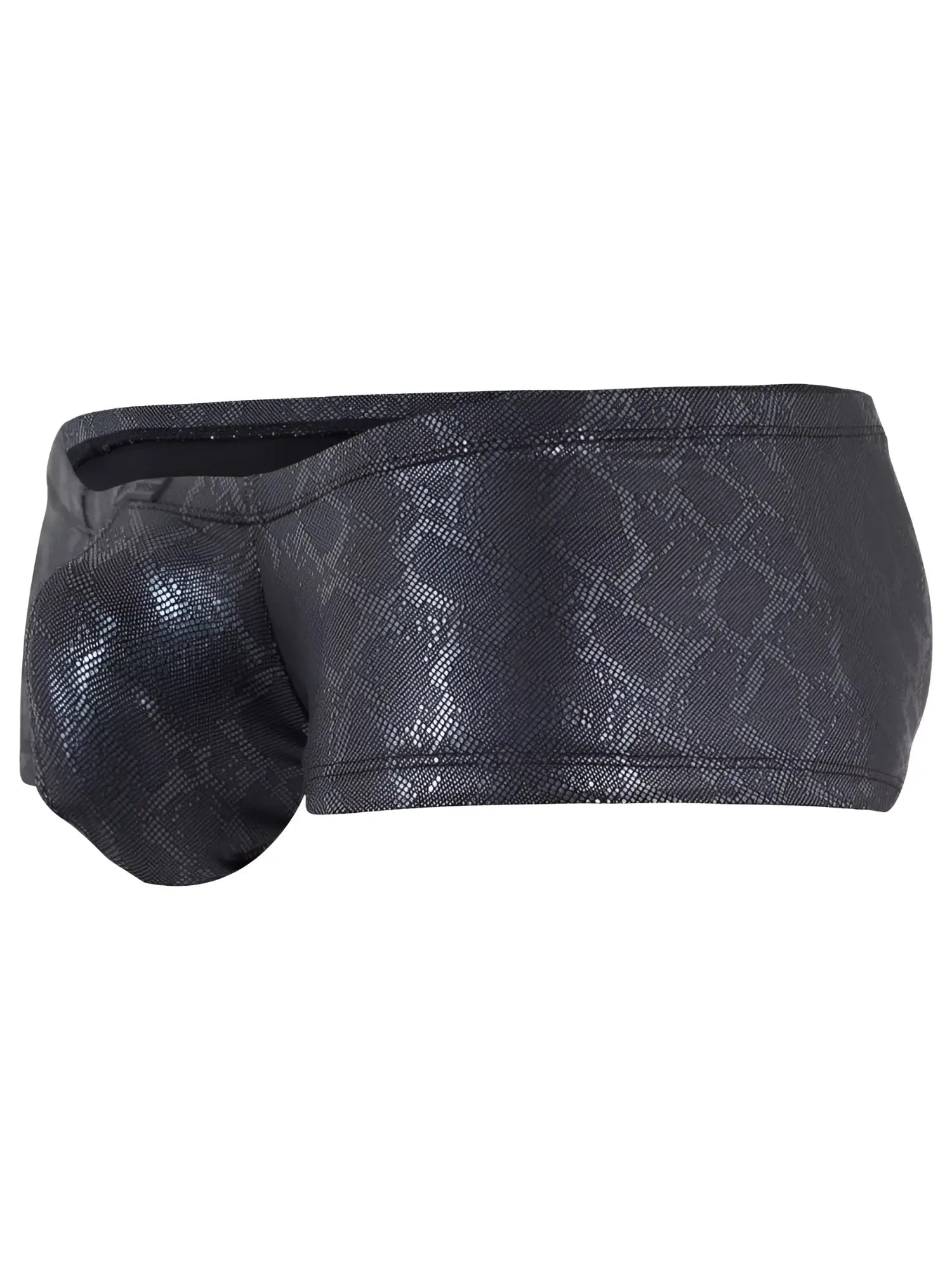Black clever 26043 atlas snake print swim trunks with shiny textured fabric finish in sleek metallic color