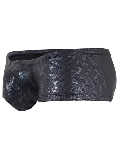Black clever 26043 atlas snake print swim trunks with shiny textured fabric finish in sleek metallic color