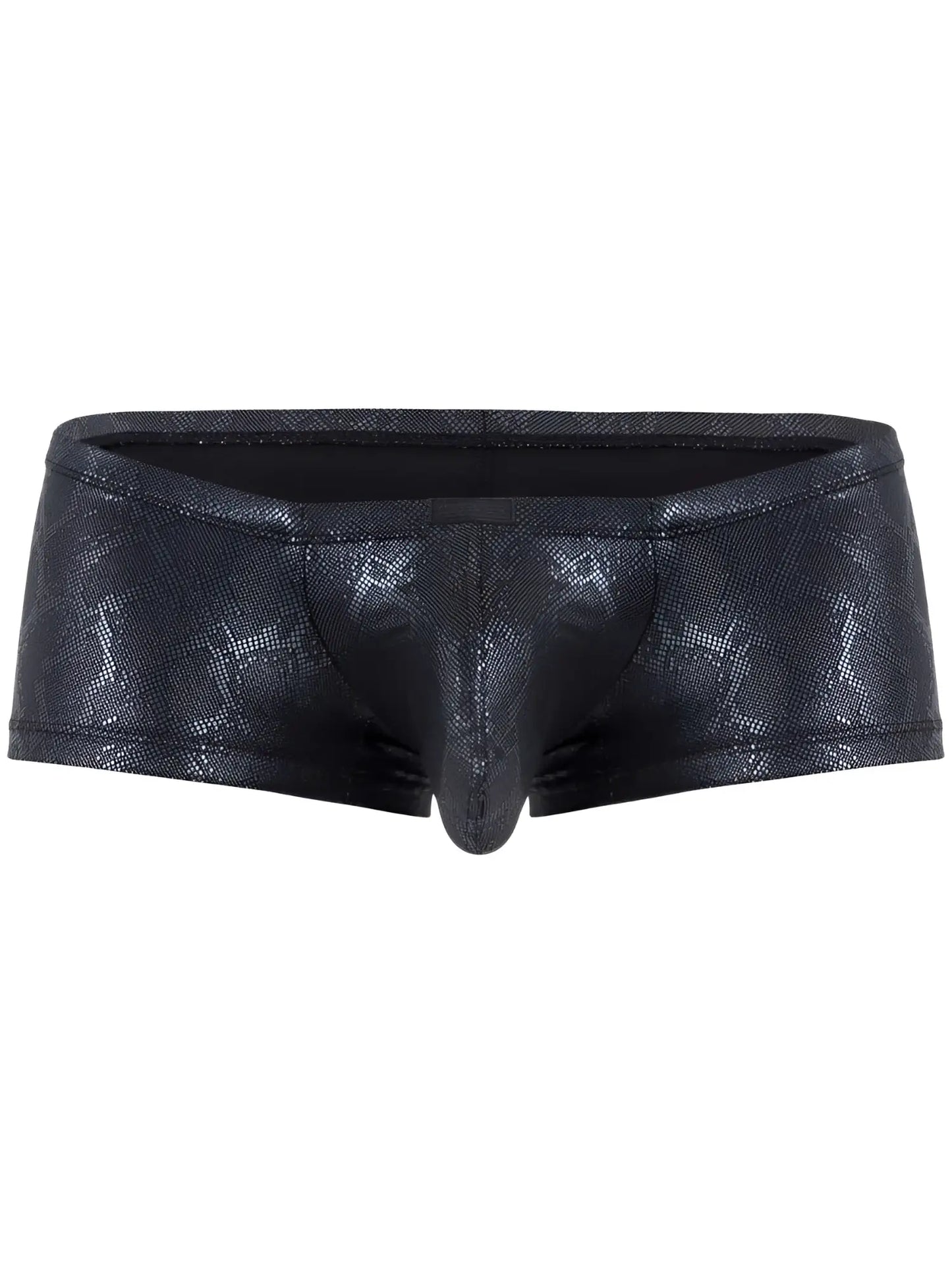 Black snakeskin-patterned clever 26043 atlas trunks with a shiny textured finish in sleek black metallic color