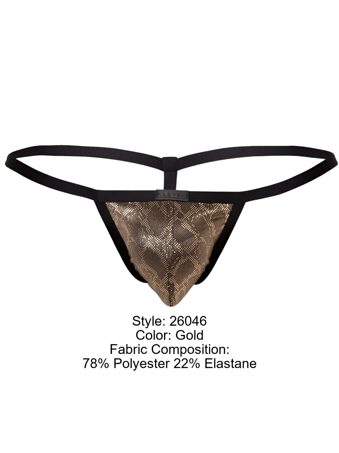 Gold clever 26046 atlas g-string with snakeskin-patterned mesh front and black elastic straps for bold sophistication