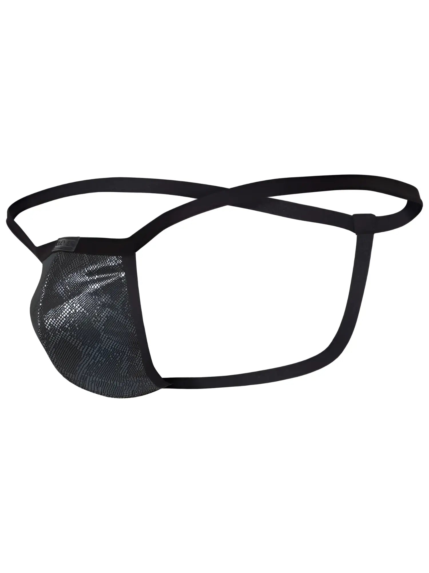 Black mesh eye patch with sleek shiny texture and adjustable elastic straps from clever 26047 atlas g-string collection