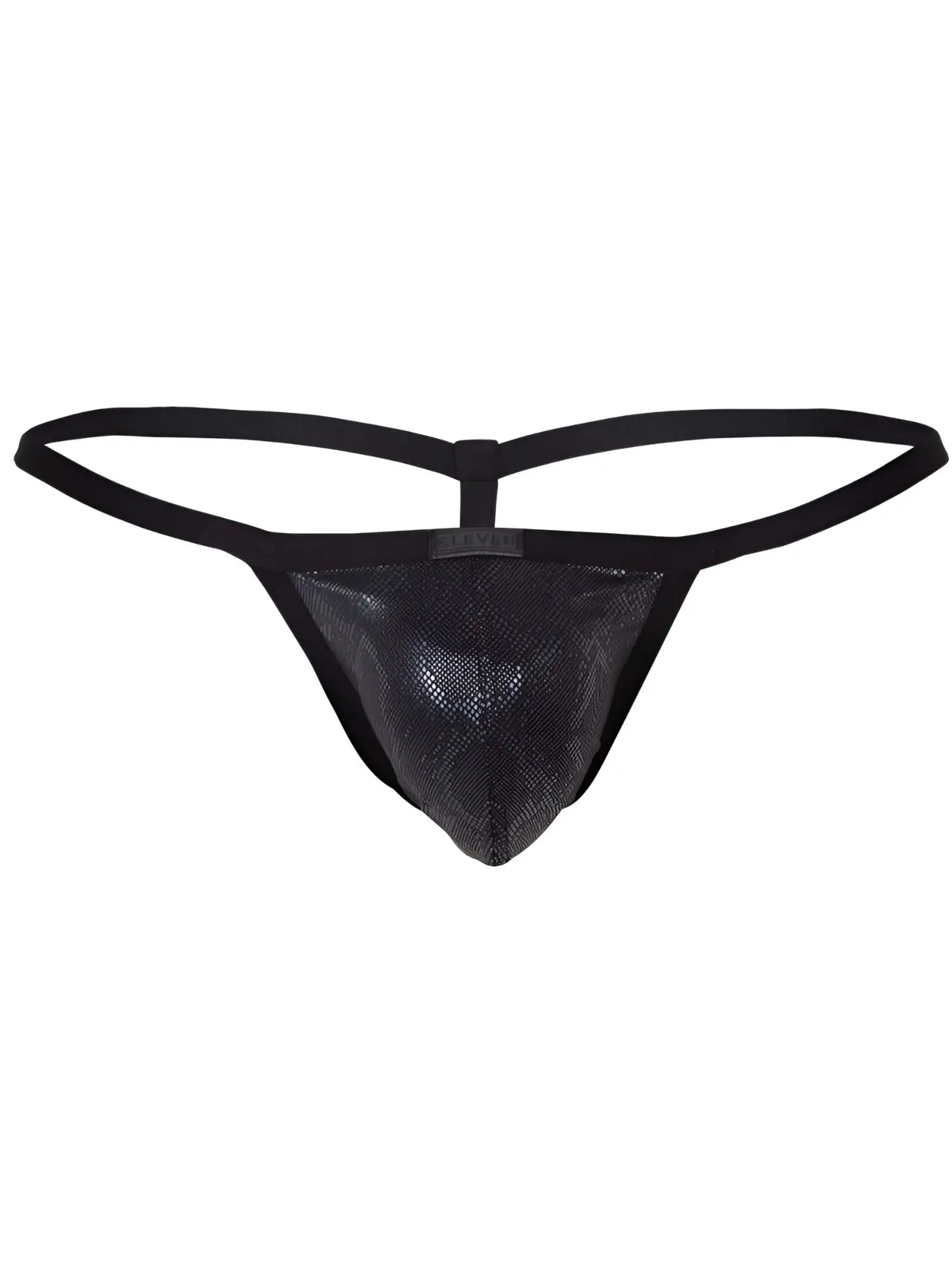 Black clever 26047 atlas g-string with textured snakeskin front panel and smooth elastic straps for bold sophistication