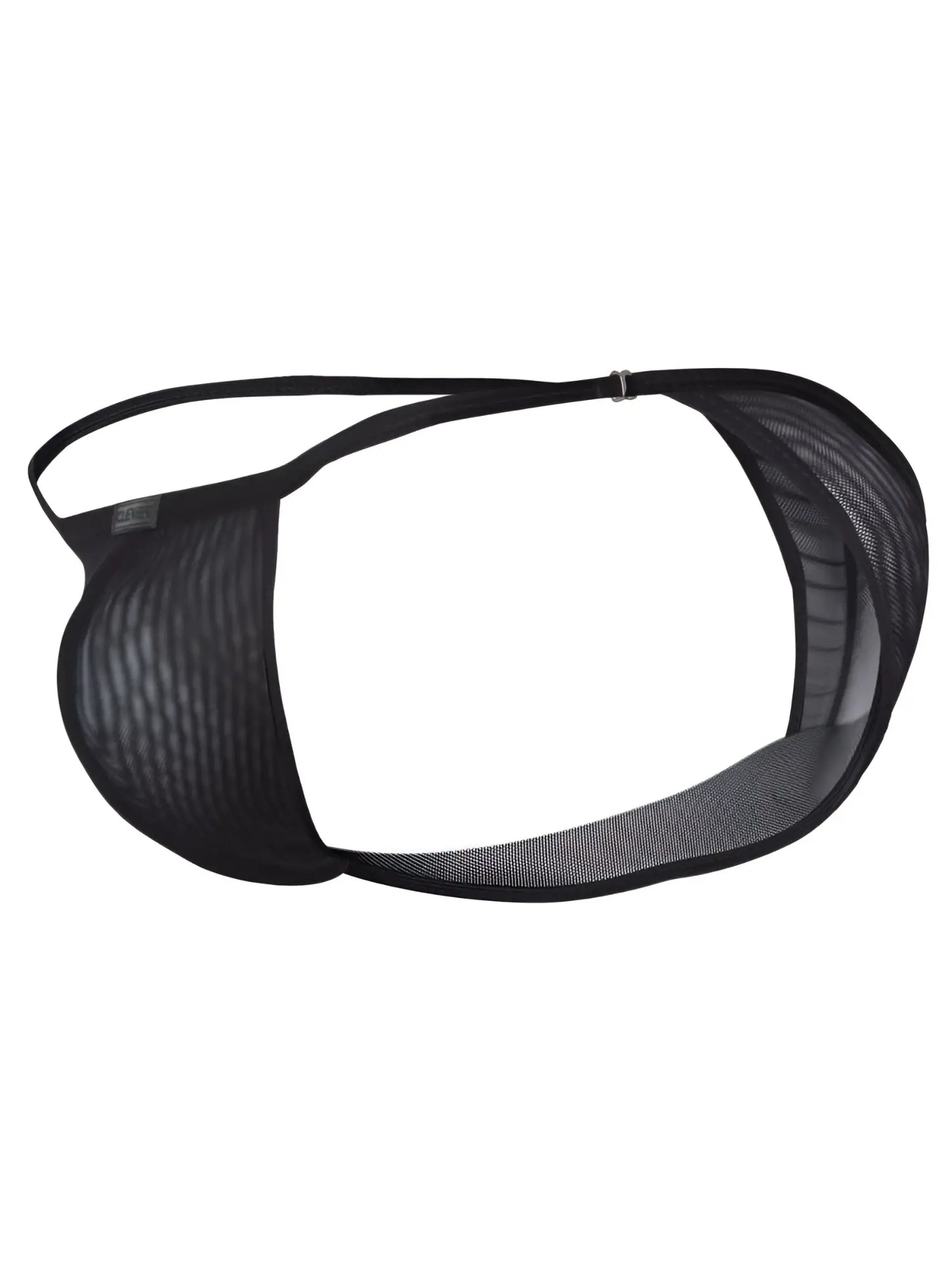 Black mesh cunning 26057 eos bikini thong with thin adjustable strap and small metal clasp shown from the back