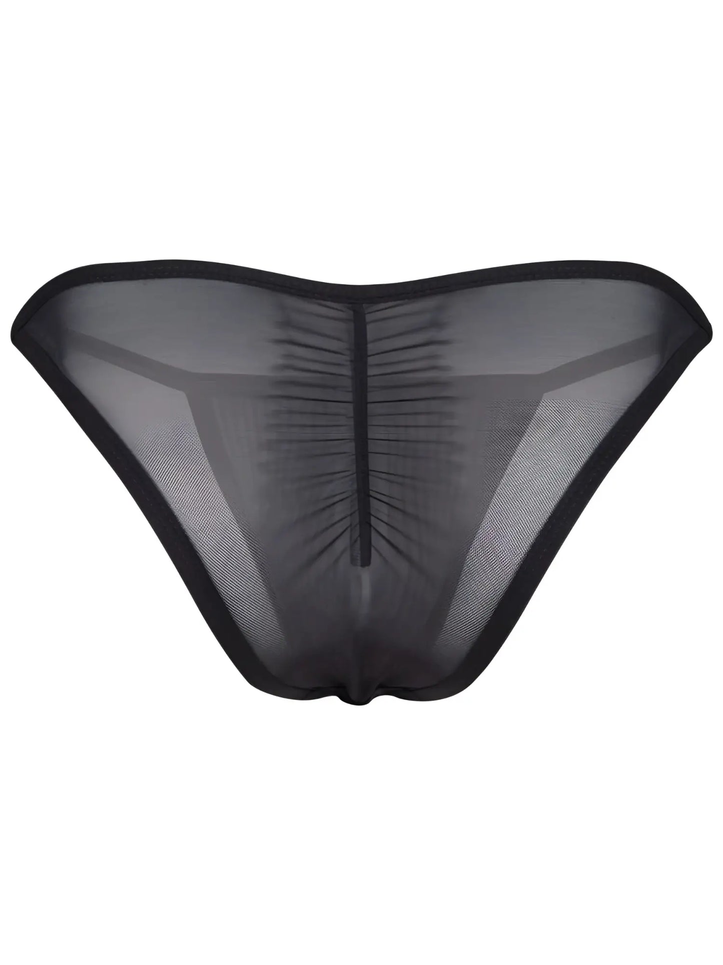 Black sheer mesh thong bikini with ruched back and solid black trim from clever 26057 eos bikini collection