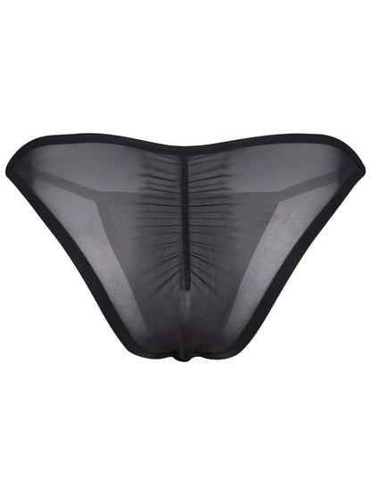 Black sheer mesh thong bikini with ruched back and solid black trim from clever 26057 eos bikini collection