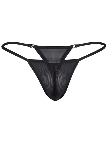 Black mesh clever 26058 eos thong with thin straps and central logo tag for bold and breathable sophistication