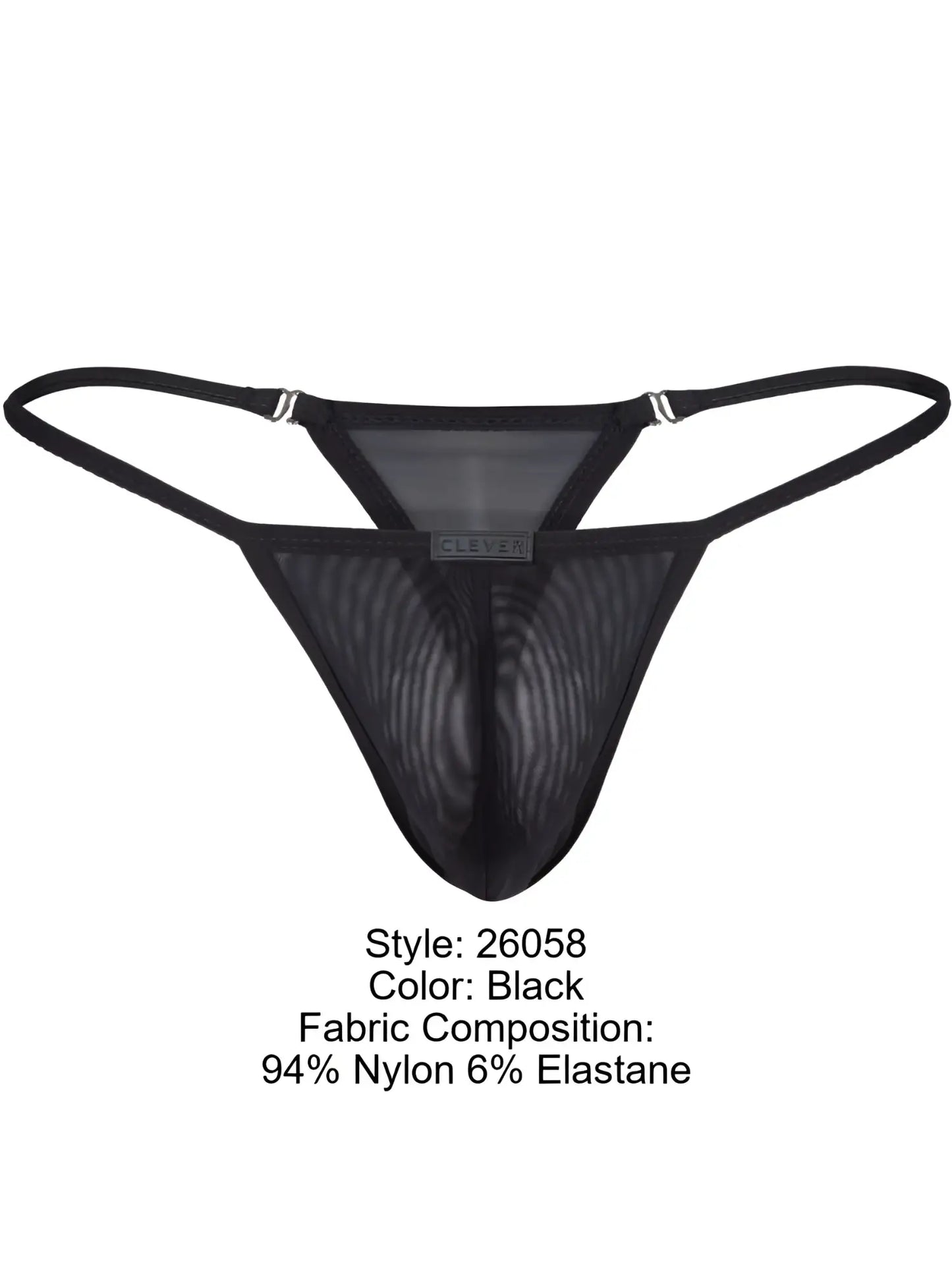 Black clever 26058 eos thong back view with mesh material thin straps and small brand tag for bold breathable sophistication