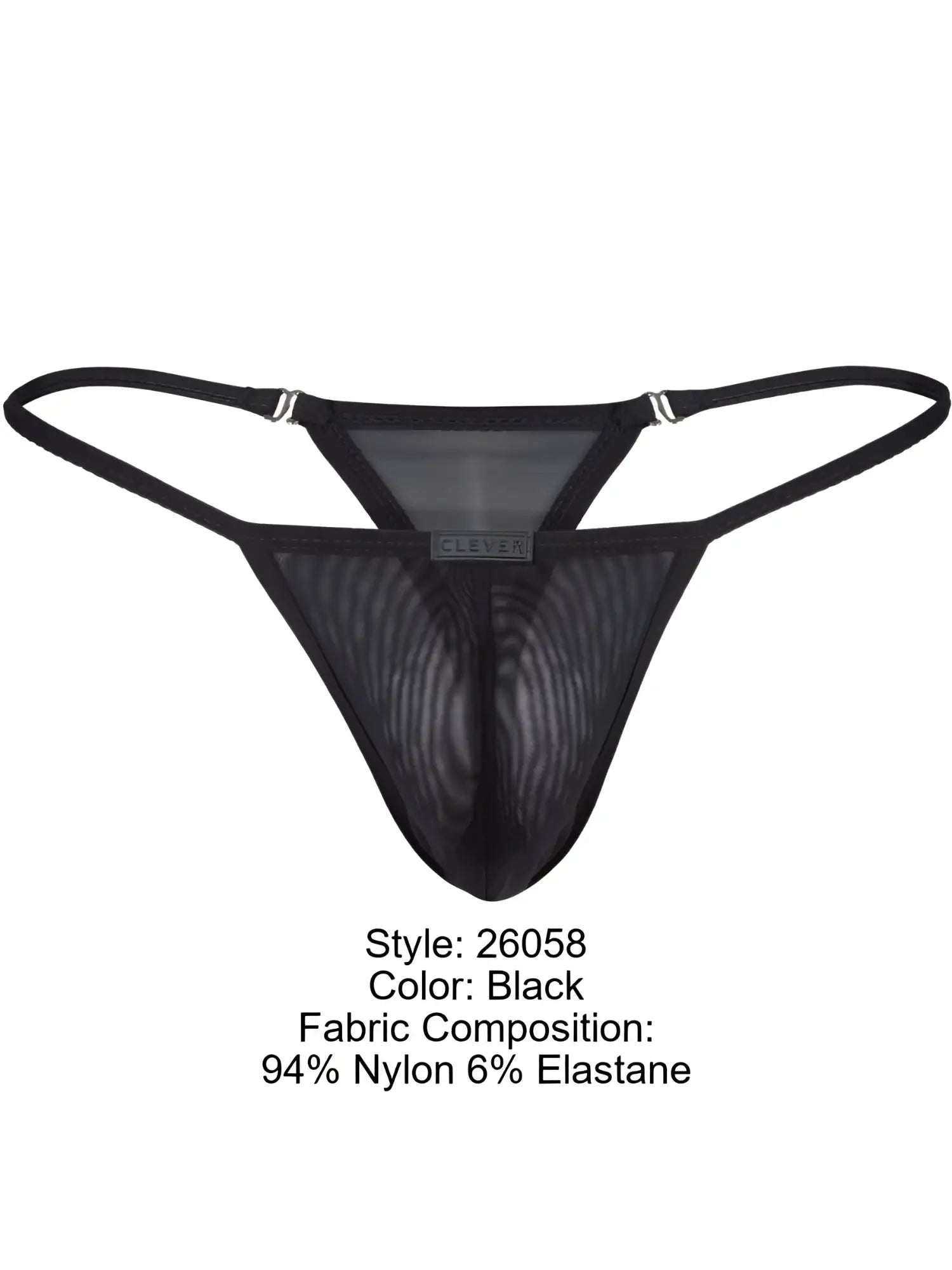 Black clever 26058 eos thong back view with mesh material thin straps and small brand tag for bold breathable sophistication