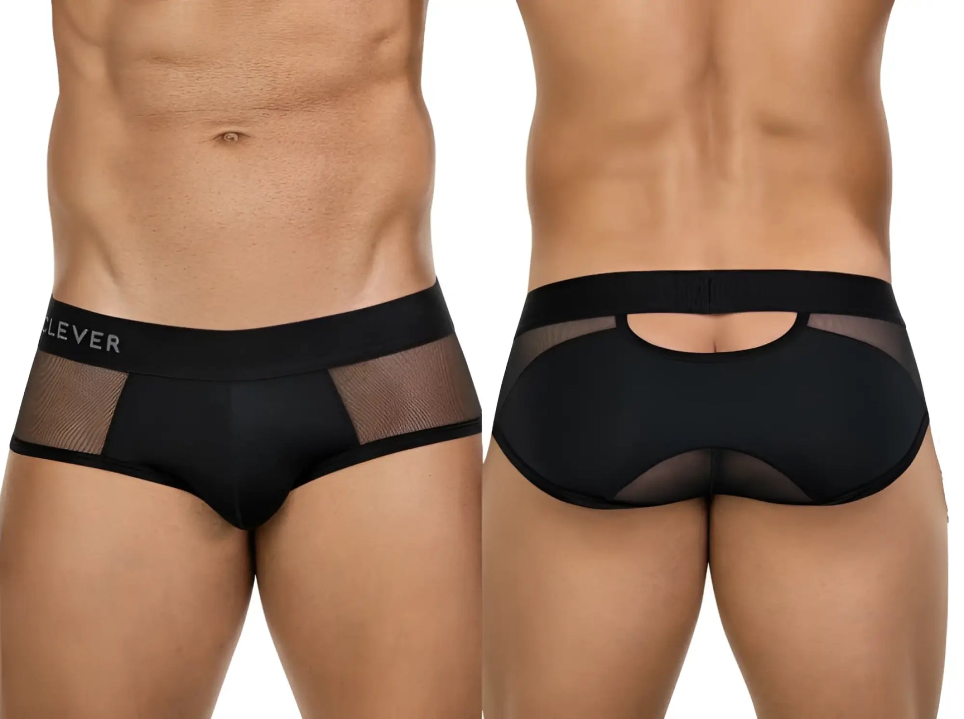 Black clever 26059 tanatos briefs in bold black mesh with solid waistband featuring clever brand name visible