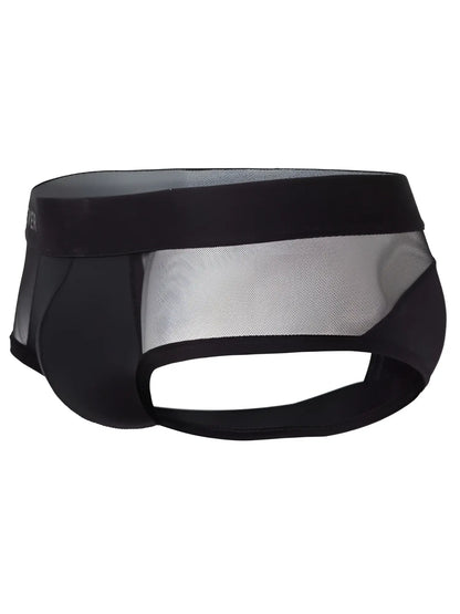 Black mesh clever 26059 tanatos briefs with solid black waistband and side panels in bold black color