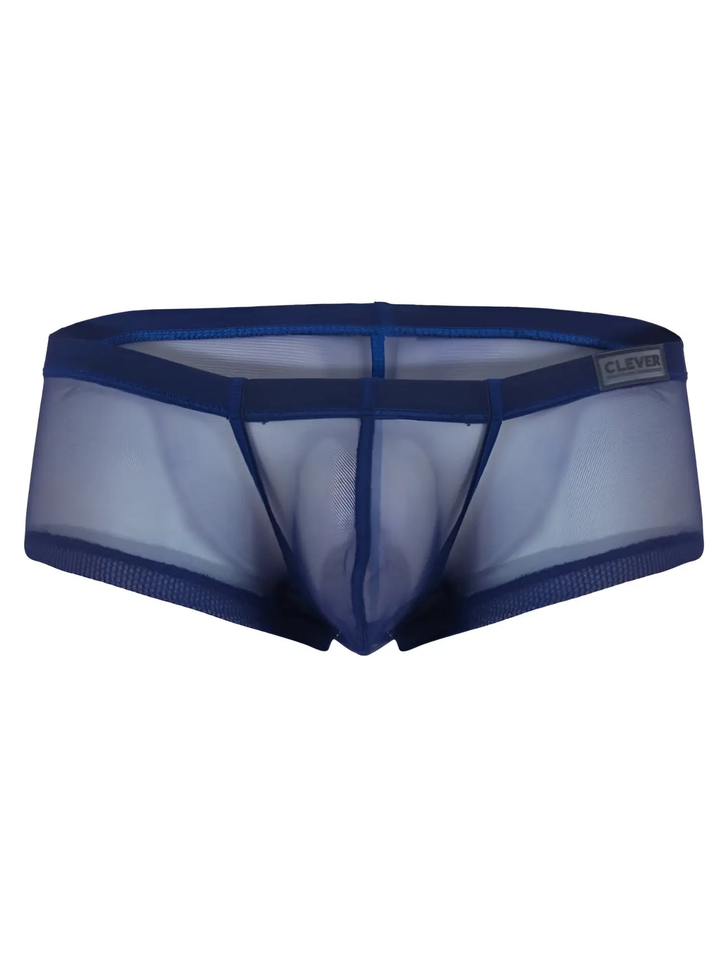Blue sheer mesh men’s underwear with solid blue waistband and clever brand label from 26067 3pk australian latin trunks