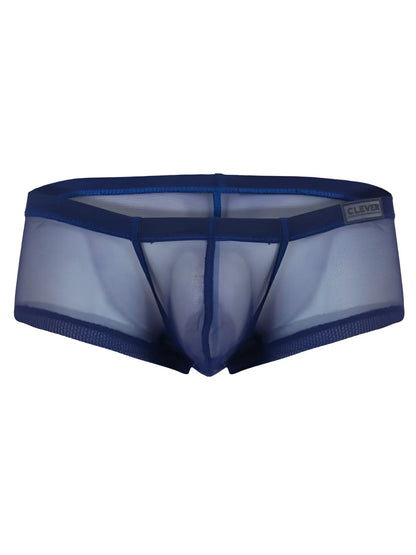 Blue sheer mesh men’s underwear with solid blue waistband and clever brand label from 26067 3pk australian latin trunks