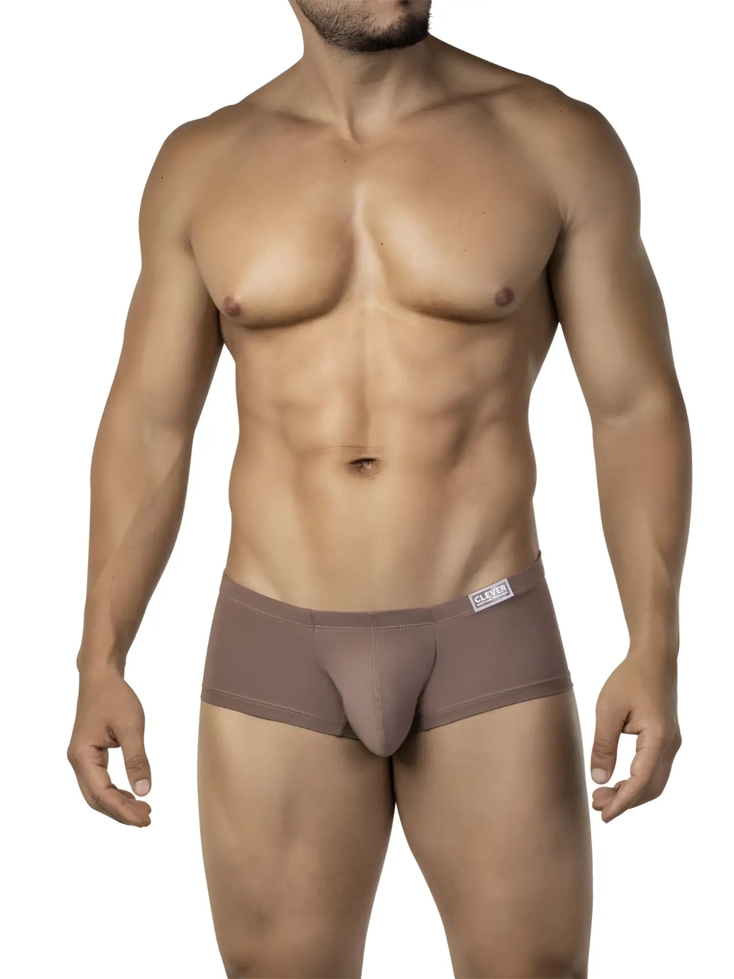 Tan-colored clever 26068 men’s form-fitting briefs with smooth fabric and small brand tag on the waistband