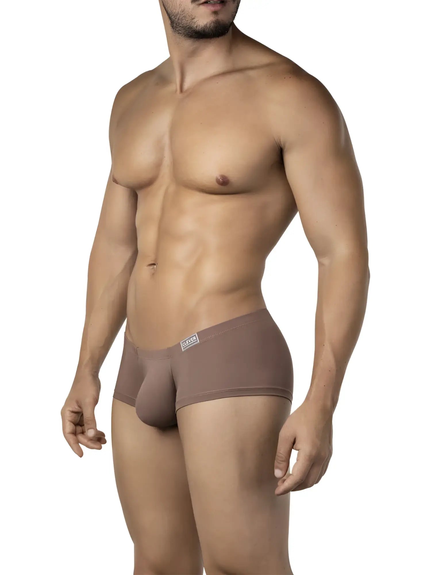Tan-colored form-fitting men’s briefs with a subtle clever logo on the waistband from the clever 26068 3pk australian latin trunks multi-colored set