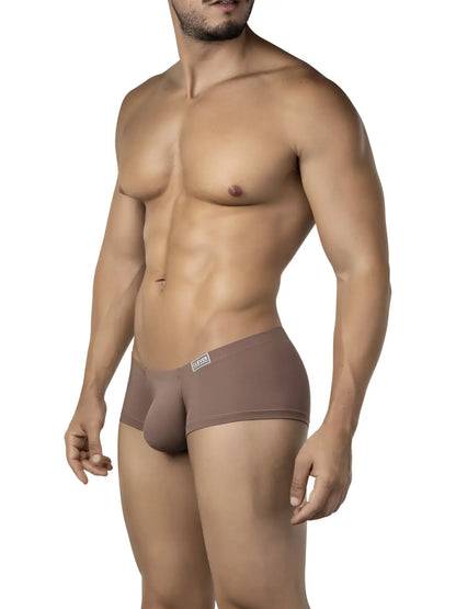 Tan-colored form-fitting men’s briefs with a subtle clever logo on the waistband from the clever 26068 3pk australian latin trunks multi-colored set