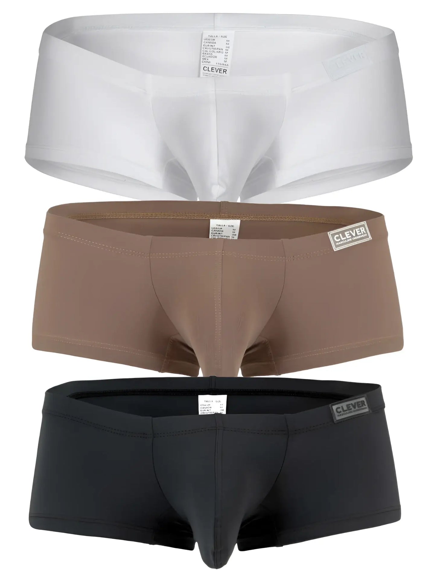 Three pairs of clever brand men’s briefs in white beige and black australian latin trunks for comfortable wear