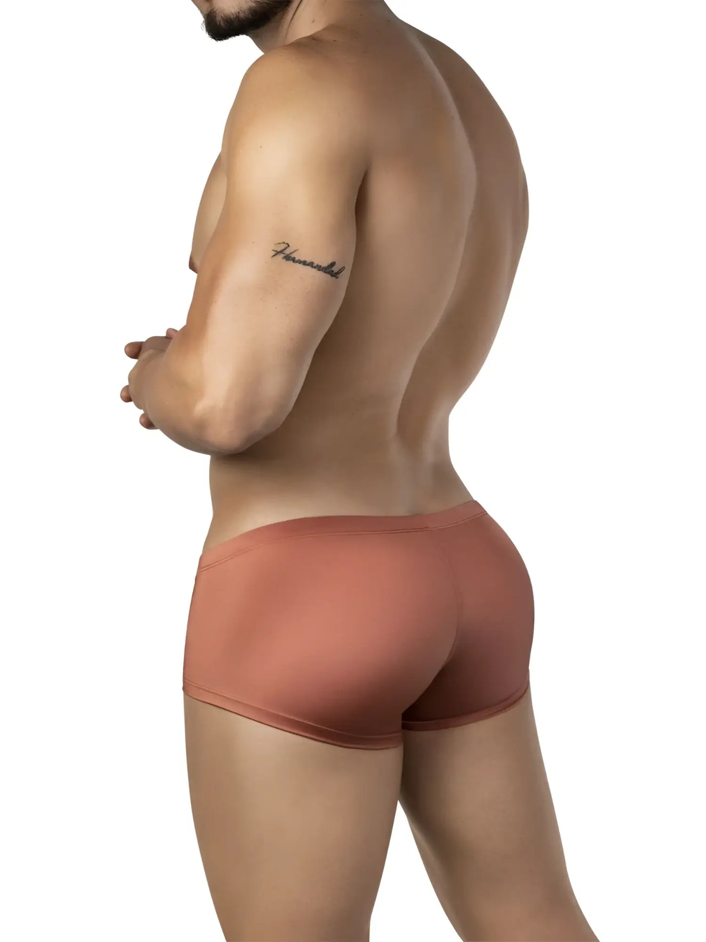 Tan-colored form-fitting clever 26069 mens briefs made of smooth stretchy fabric in a multi-colored 3pk australian latin trunks set
