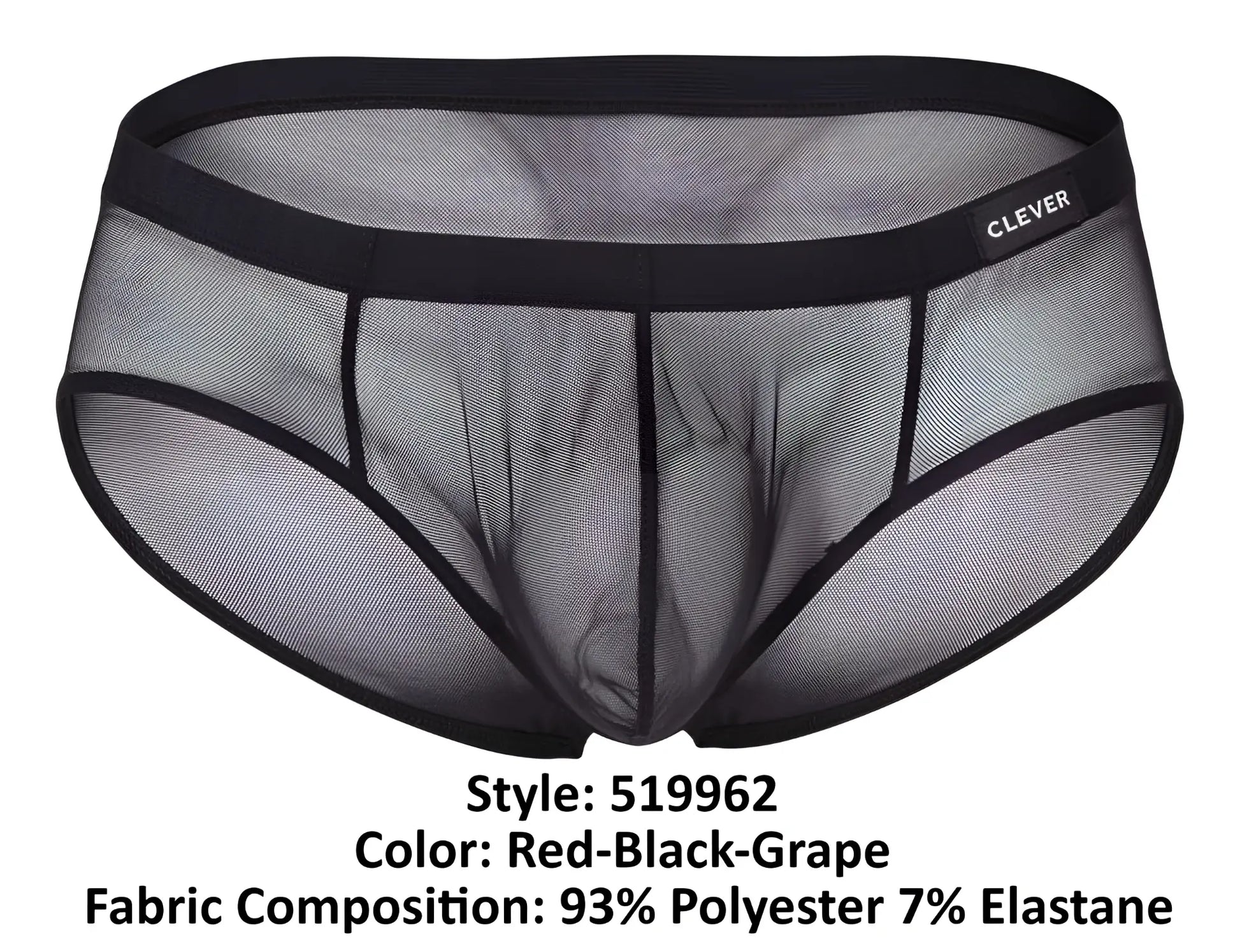 Black mesh clever 519962 briefs with solid waistband and brand label part of 3pk australian latin briefs red black grape