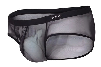 Black mesh briefs with a solid black waistband and clever brand label in red black and grape colors