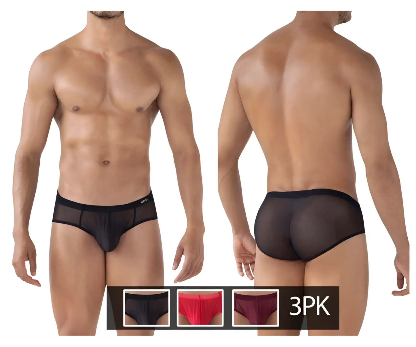 Black mesh briefs with a solid black waistband from the Clever 519962 3PK Australian Latin Briefs in black color