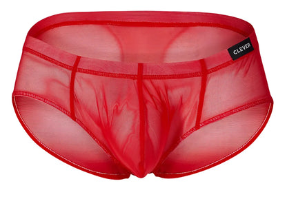 Red sheer mesh clever Australian Latin briefs with black brand tag on waistband in red black and grape colors