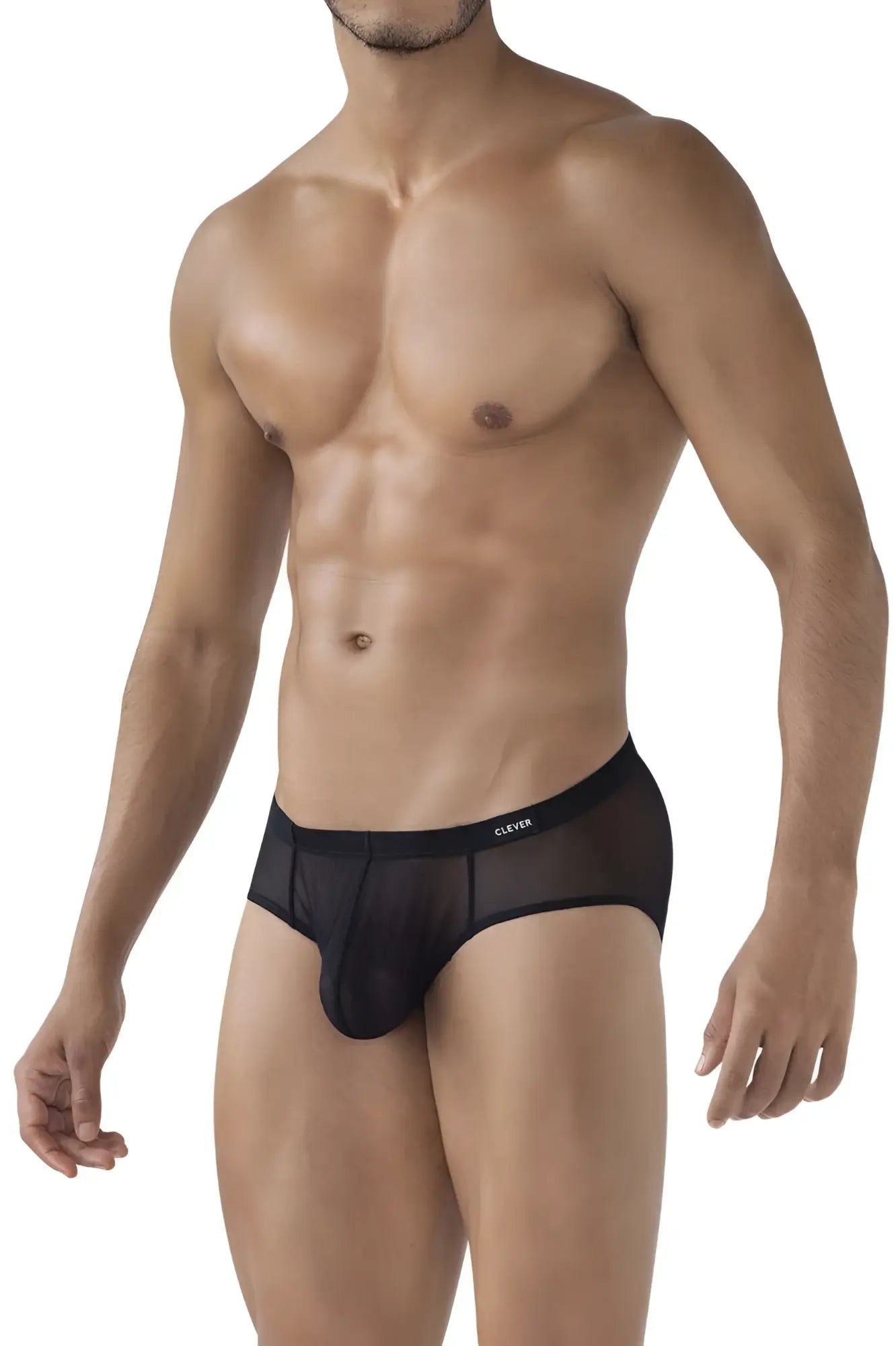 Black sheer mesh briefs with solid black waistband featuring clever brand name in clever 519962 3pk australian latin briefs