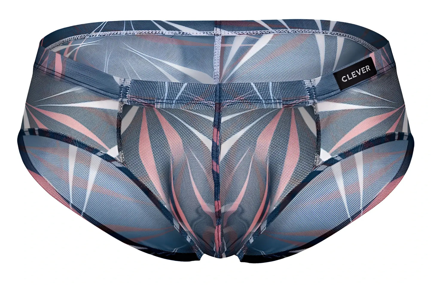 Clever 519963 men’s briefs in blue black black featuring sheer mesh with abstract gray pink and white geometric pattern