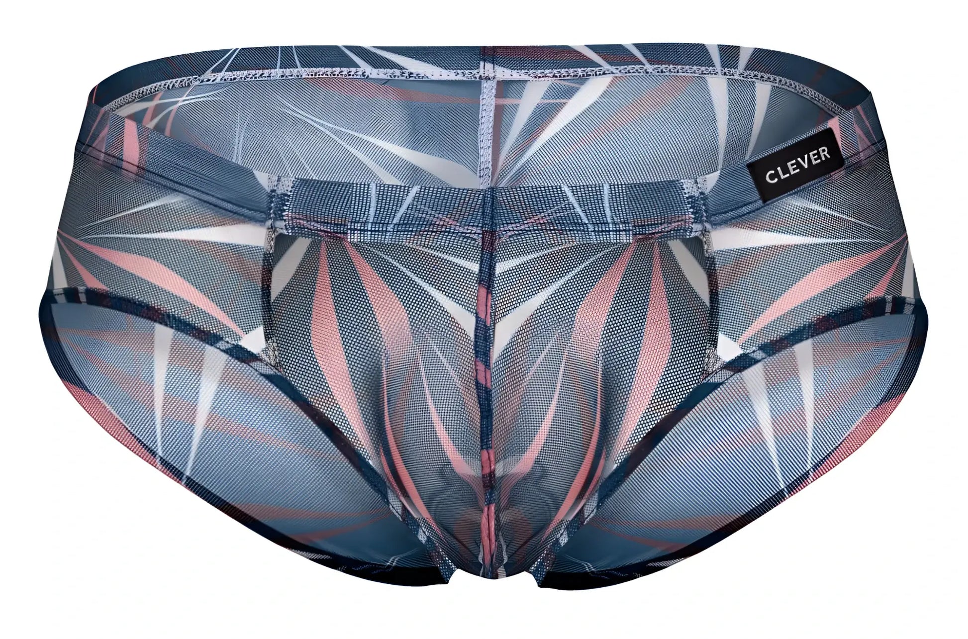 Clever 519963 men’s briefs in blue black black featuring sheer mesh with abstract gray pink and white geometric pattern