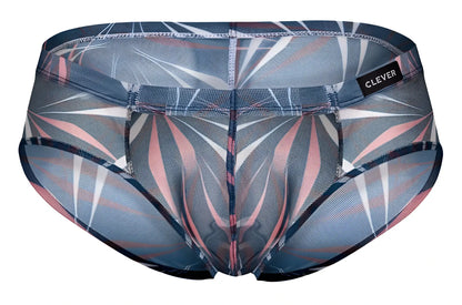 Clever 519963 men’s briefs in blue black black featuring sheer mesh with abstract gray pink and white geometric pattern