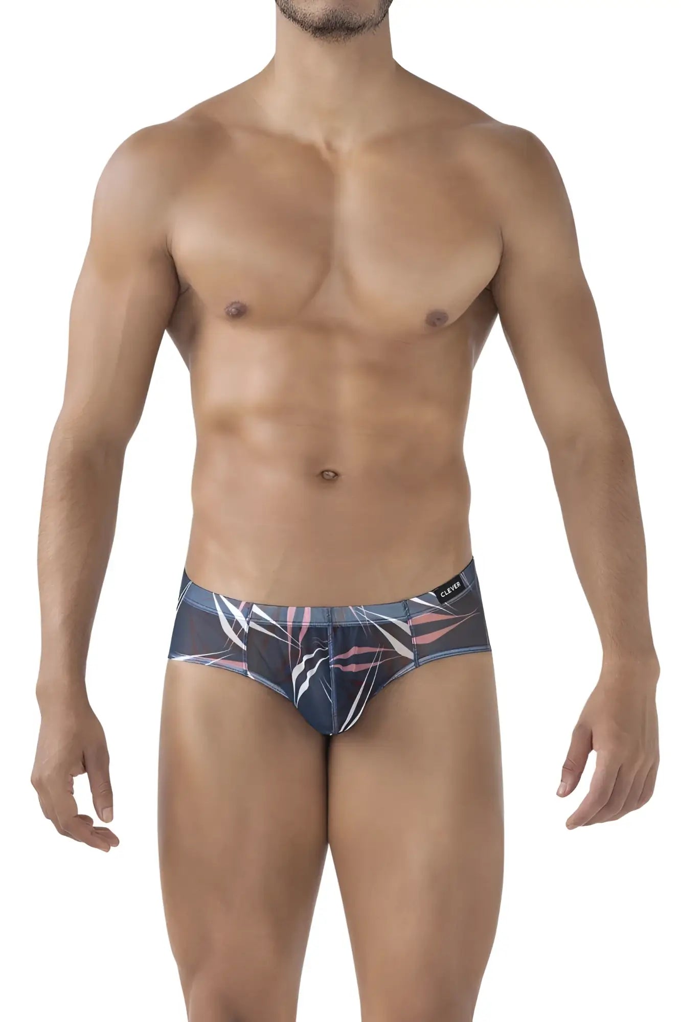 Dark blue clever 519963 australian latin briefs with pink and white tropical leaf pattern in a 3pk pack