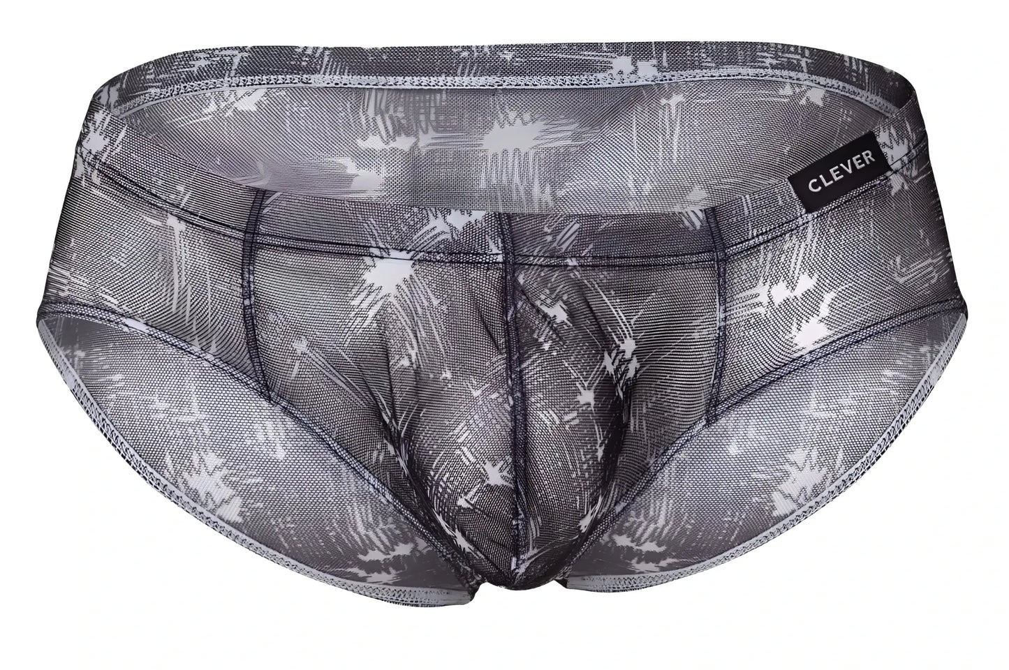 Gray and white mesh briefs with sketchy palm tree pattern and clever brand label in blue and black colors