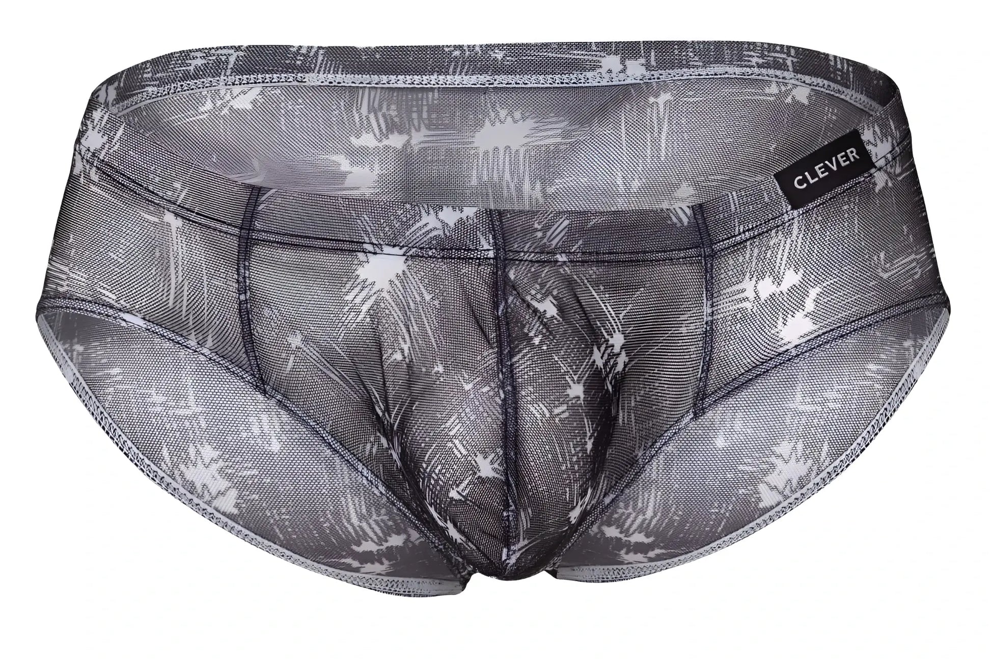 Gray and white mesh briefs with sketchy palm tree pattern and clever brand label in blue and black colors