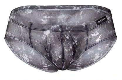 Gray and white mesh briefs with sketchy palm tree pattern and clever brand label in blue and black colors
