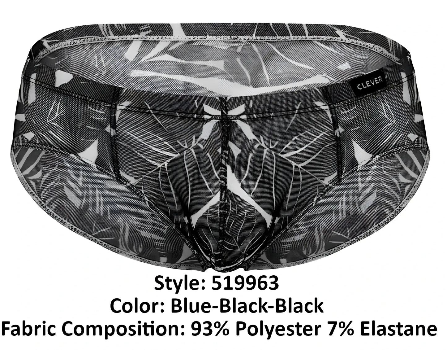 Black and blue tropical leaf patterned clever 519963 mens briefs made of 93 polyester 7 elastane mesh fabric