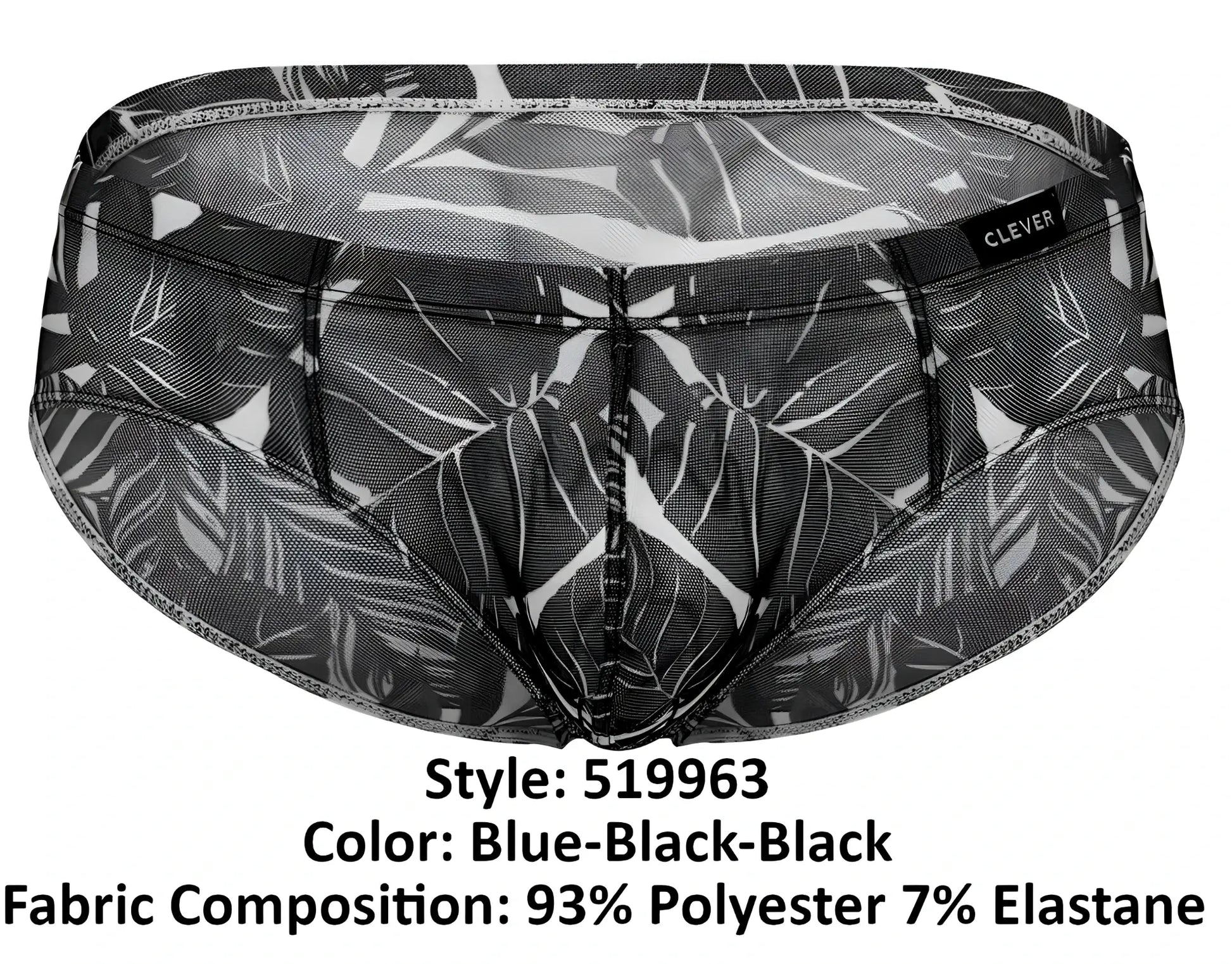 Black and blue tropical leaf patterned clever 519963 mens briefs made of 93 polyester 7 elastane mesh fabric