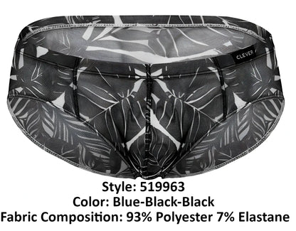 Black and blue tropical leaf patterned clever 519963 mens briefs made of 93 polyester 7 elastane mesh fabric