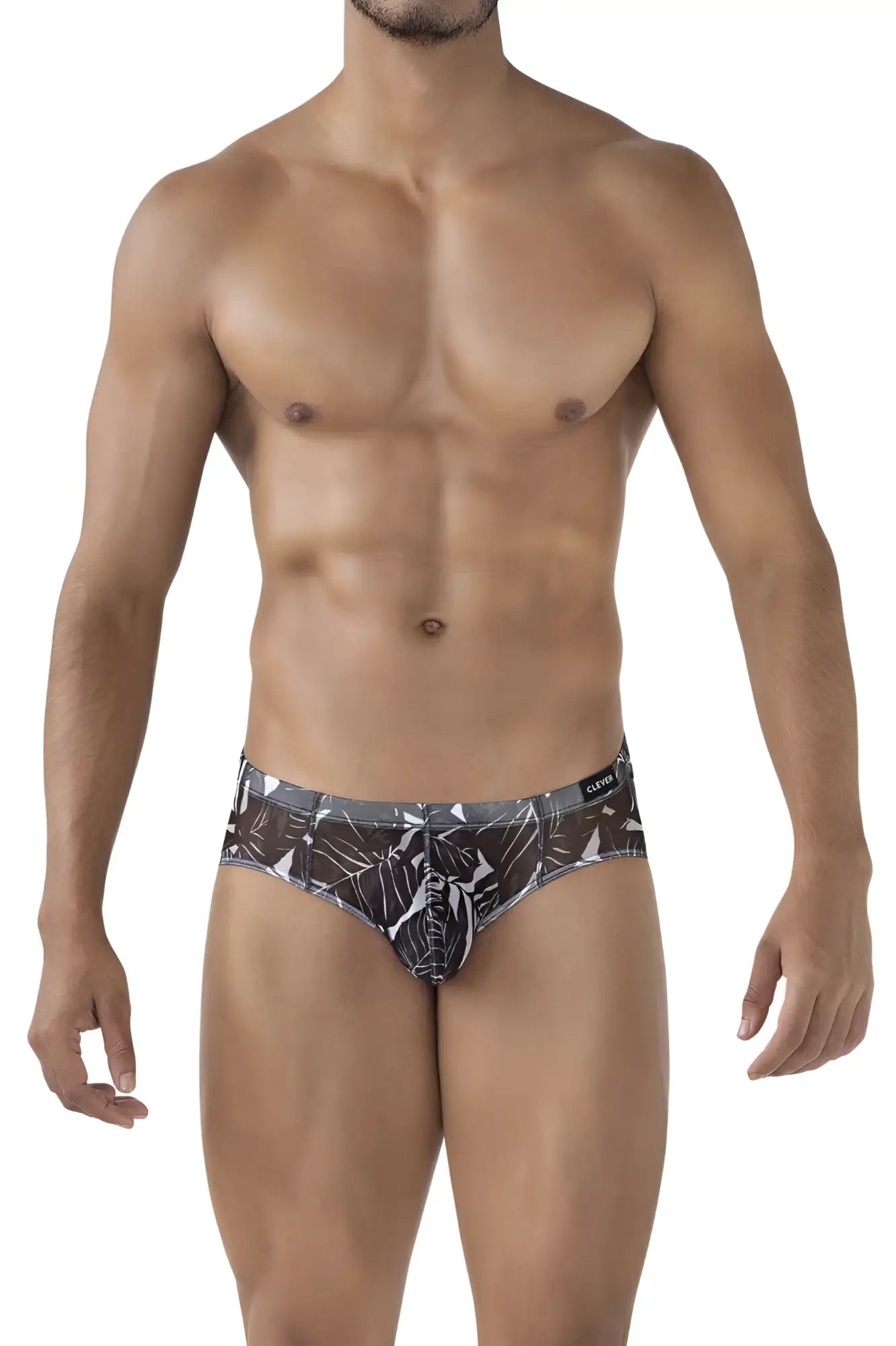 Black and white tropical leaf patterned clever australian latin briefs in blue and black with modern sleek design