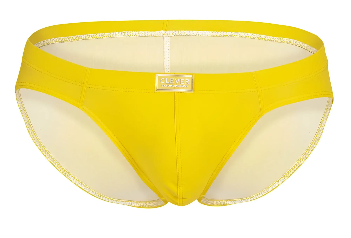 Bright yellow clever 519967 men’s briefs with cream interior gold trim and small rectangular clever brand label front