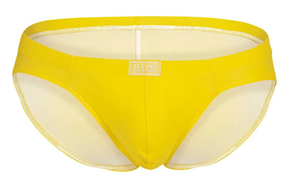 Bright yellow clever 519967 men’s briefs with cream interior gold trim and small rectangular clever brand label front