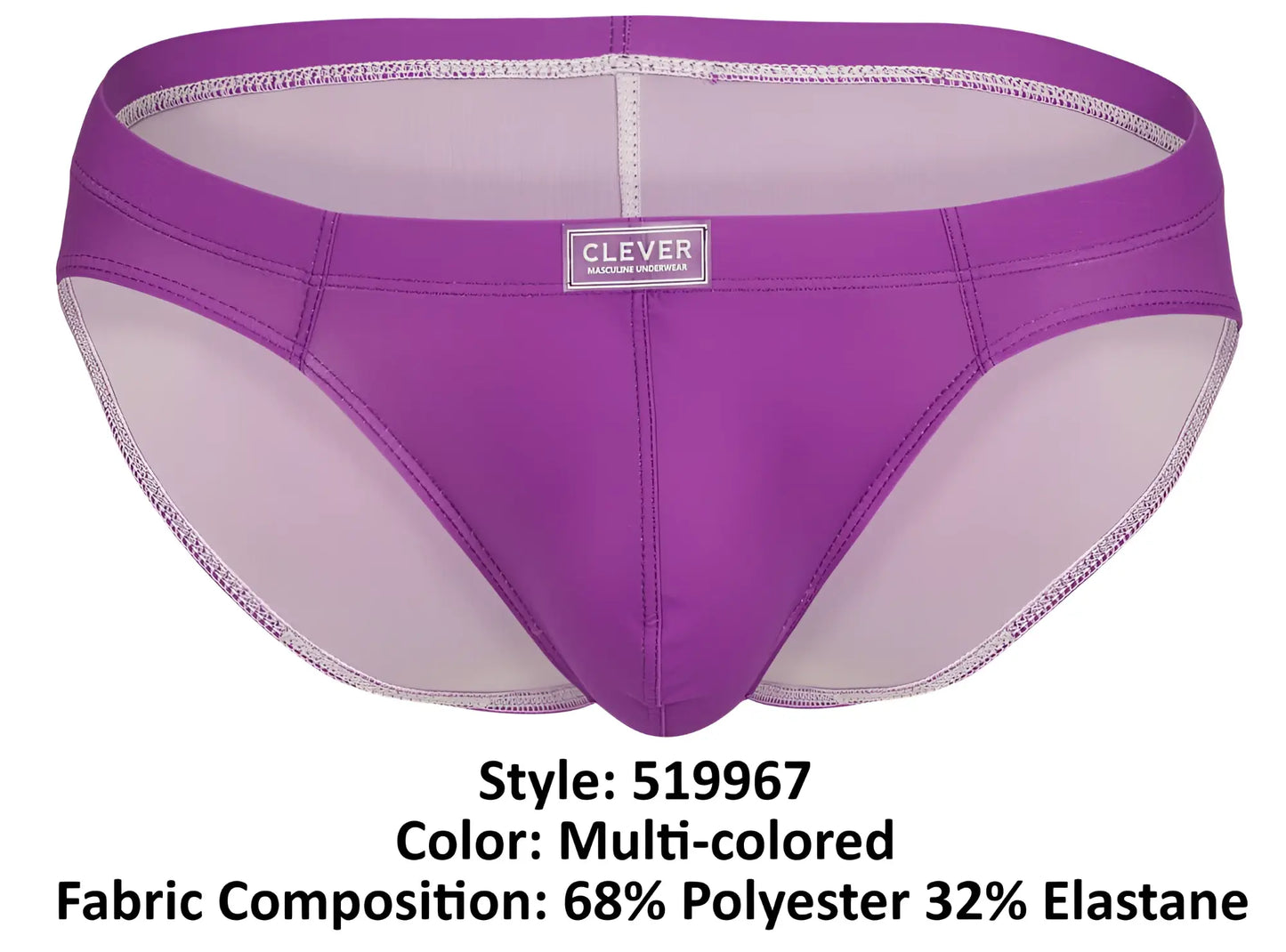 Purple and light purple multi-colored clever 519967 7PK briefs with clever brand label on waistband for men