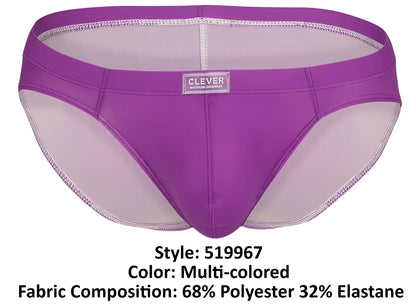 Purple and light purple multi-colored clever 519967 7PK briefs with clever brand label on waistband for men