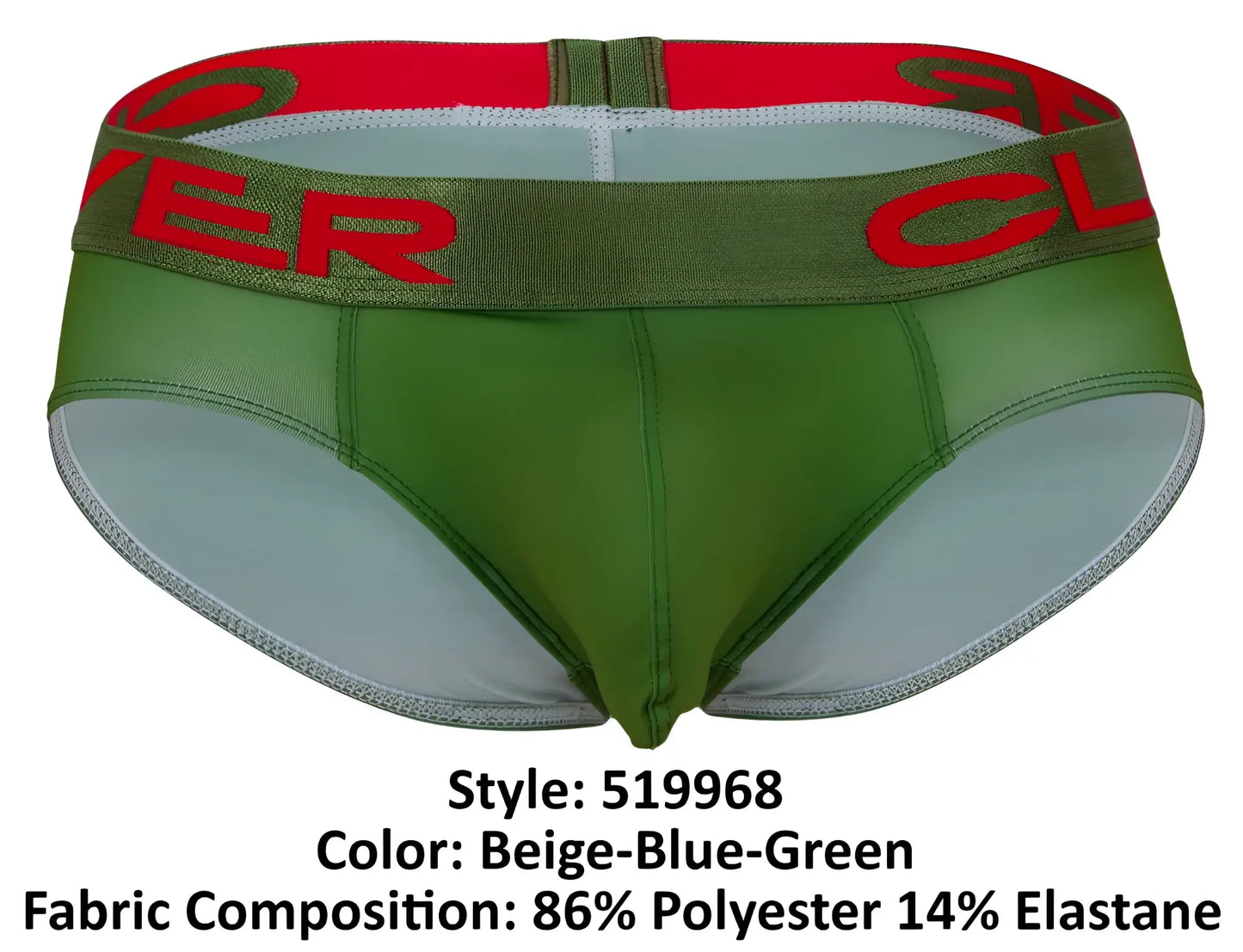 Green and beige clever australian latin briefs with red logo band in a 3 pack featuring beige blue and green colors