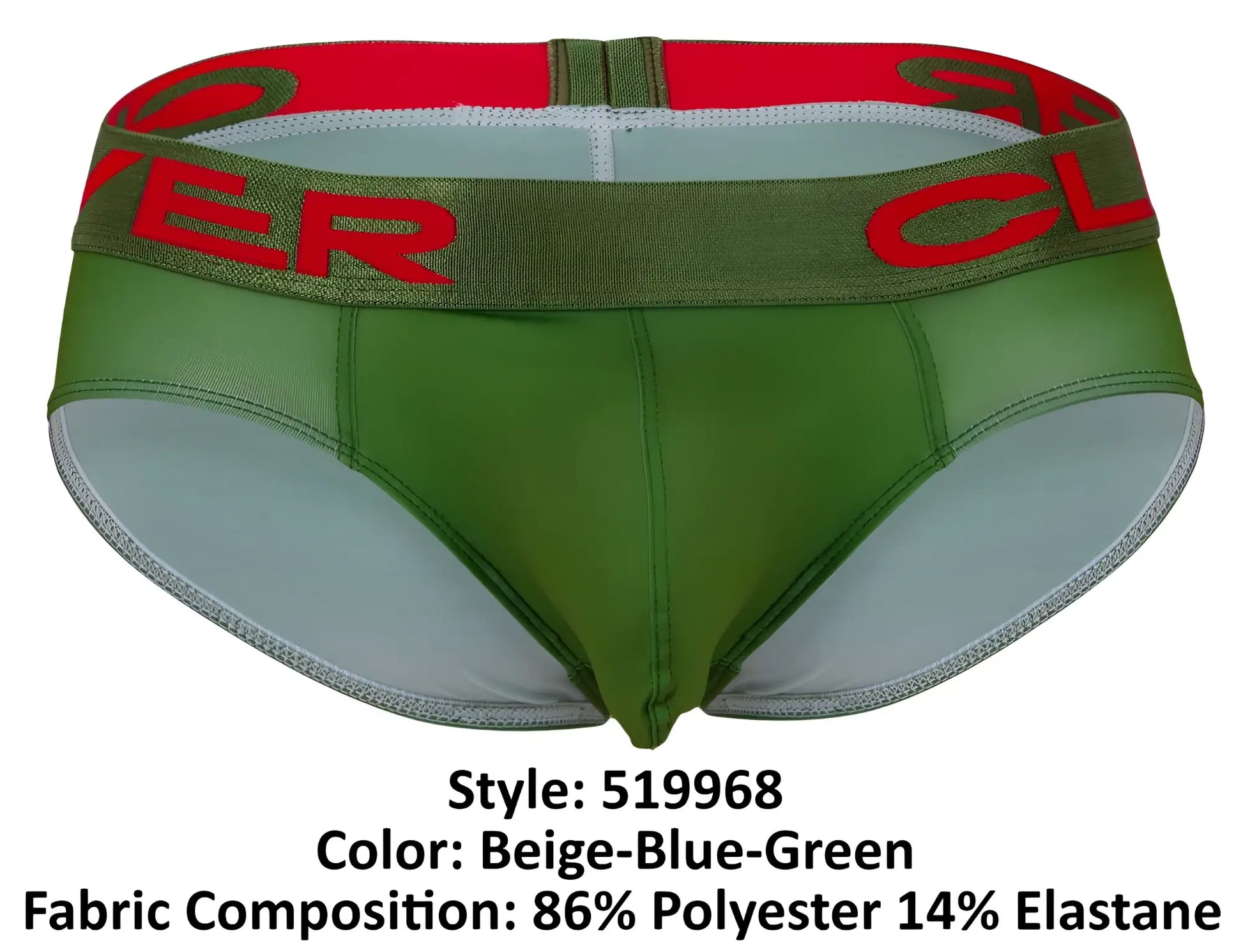 Green and beige clever australian latin briefs with red logo band in a 3 pack featuring beige blue and green colors