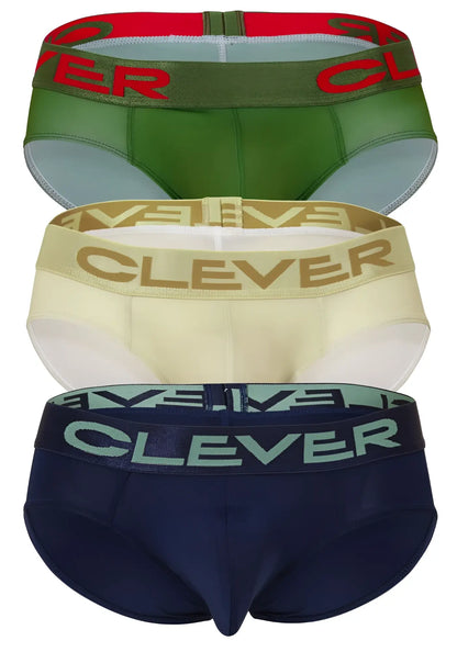 Three pairs of clever 519968 australian latin briefs in beige blue and green with matching logo elastic waistbands