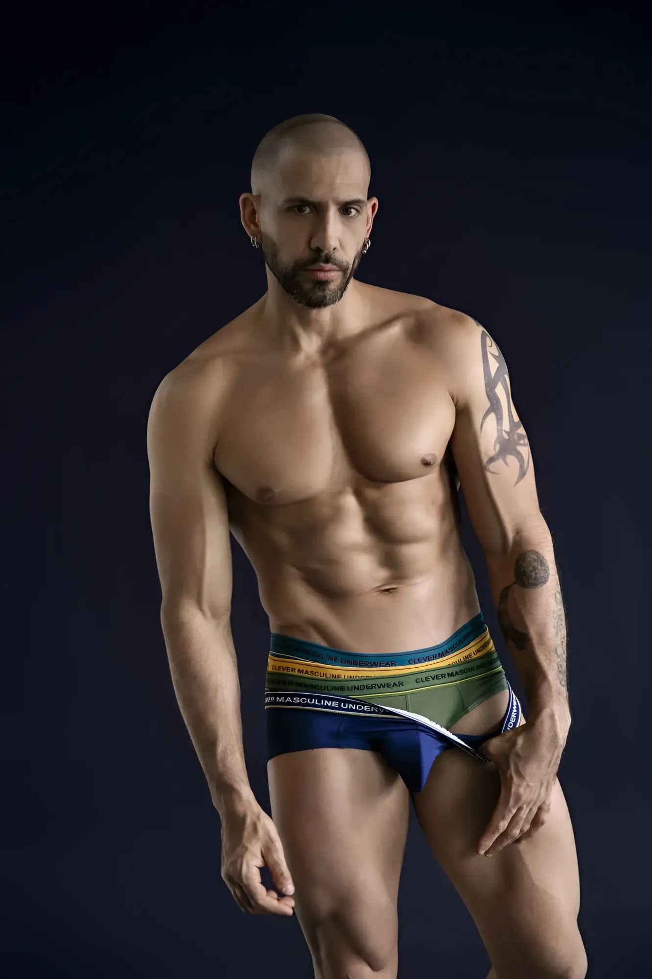 Men’s clever 519969 3pk australian latin briefs with bold multi-colored green yellow blue striped waistband in blue petrol green
